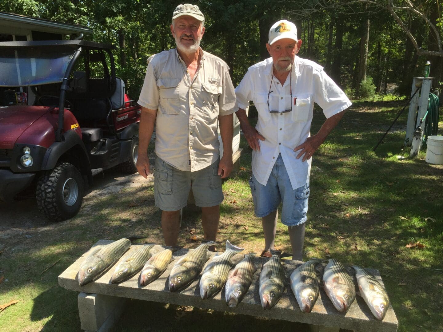 Two men standing next to a table with fish.